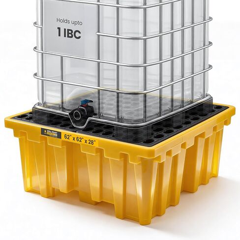 منصة احتواء الانسكابات IBC - حوض احتواء حمل مقاس 62 بوصة × 62 بوصة × 28 بوصة لوحدة IBC واحدة أو براميل متعددة، باللون الأصفر in Kuwait