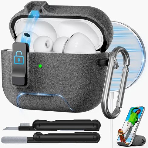 حافظة AirPods Pro 3 2025، متوافقة مع حافظة Airpods Pro الجيل الثالث، قفل أمان، حامل هاتف، فتحة تلقائية، متوافقة مع MagSafe، تتضمن مجموعة تنظيف وسلسلة مفاتيح (رمادي) in Kuwait