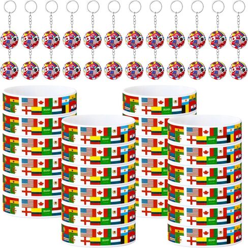 48 Pcs 2026 Soccer Party Favors with National Country Flag Keychains National Flag Silicone Bracelets International World Party Decorations for Global Soccer Events Sports in Saudi Arabia