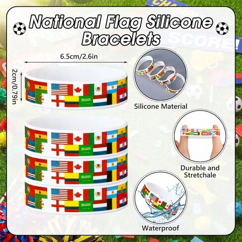 48 Pcs 2026 Soccer Party Favors with National Country Flag Keychains National Flag Silicone Bracelets International World Party Decorations for Global Soccer Events Sports in Saudi Arabia