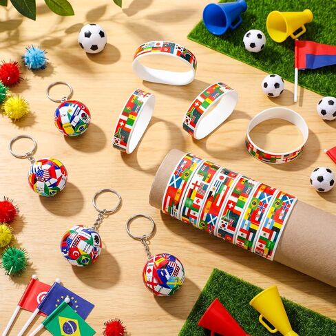 48 Pcs 2026 Soccer Party Favors with National Country Flag Keychains National Flag Silicone Bracelets International World Party Decorations for Global Soccer Events Sports in Saudi Arabia