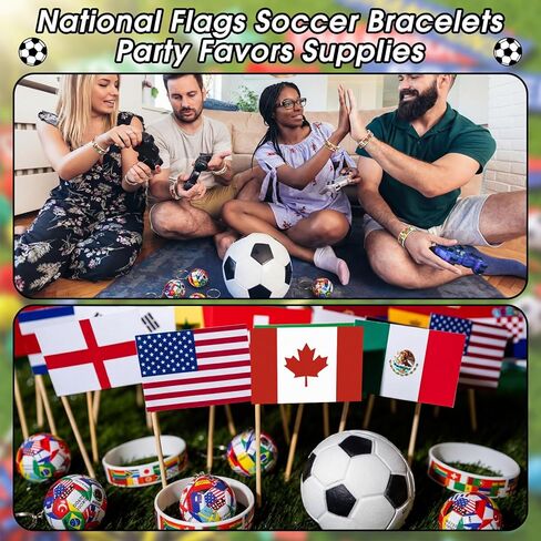 48 Pcs 2026 Soccer Party Favors with National Country Flag Keychains National Flag Silicone Bracelets International World Party Decorations for Global Soccer Events Sports in Saudi Arabia
