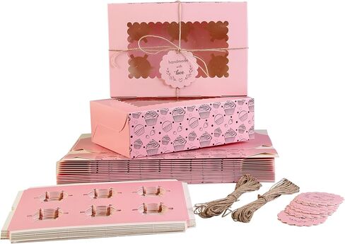 صناديق كب كيك مع صواني إدراج (عبوة من 20 قطعة)، حامل كب كيك وردي، صناديق خبز صالحة للطعام مع نوافذ وحشوات لتناسب 6 قطع من الكعك أو المعجنات in Kuwait