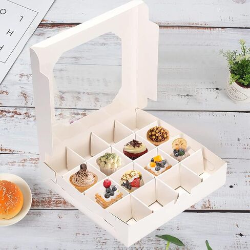 Lotusland 20PCS Empty Sweet Boxes with Window and Divider,White Cake Boxes with 16 Compartments, Treat Cookie Boxes Dessert Containers Boxes for Chocolate Cookie Candy in Kuwait