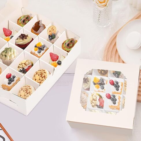 Lotusland 20PCS Empty Sweet Boxes with Window and Divider,White Cake Boxes with 16 Compartments, Treat Cookie Boxes Dessert Containers Boxes for Chocolate Cookie Candy in Kuwait