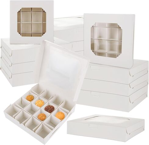 Lotusland 20PCS Empty Sweet Boxes with Window and Divider,White Cake Boxes with 16 Compartments, Treat Cookie Boxes Dessert Containers Boxes for Chocolate Cookie Candy in Kuwait
