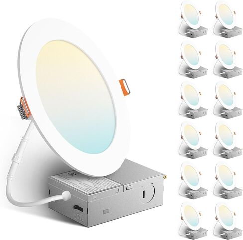 Amico 12 حزمة 6 بوصة 5CCT رفيعة للغاية LED مصباح سقف مجوف مع J-Box، 2700K/3000K/3500K/4000K/5000K قابلة للاختيار، 12W=110W، إضاءة سفلية خافتة للضوء، سطوع عالٍ 1050LM، ETL&FCC in Kuwait