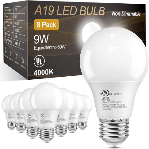 مصابيح إضاءة LED TJOY A19 مكافئة 60 وات، مصابيح LED ذات قاعدة قياسية E26، مصابيح بيضاء باردة 4000 كلفن، 9 وات بيضاء محايدة لتوفير الطاقة للمنزل، 800 لومن، 85+ CRI، 120 فولت، غير قابلة للتعتيم، UL، 6 عبوات in Kuwait