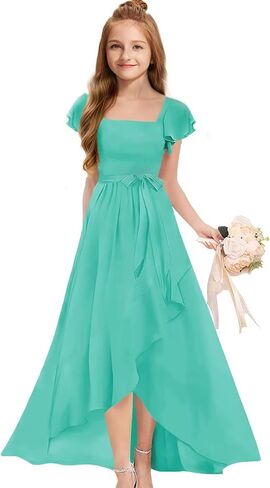 MRHUSH Junior Bridesmaid Dresses for Teen Girls Formal Dress Short Sleeve Chiffon Flower Girl Dresses for Wedding Party in Kuwait
