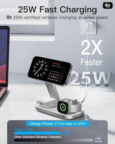 محطة شحن لاسلكية 3 في 1 لأجهزة Apple، حامل شاحن سريع مغناطيسي قابل للطي متوافق مع MagSafe لسلسلة iPhone Air/17/16/15/14/13/12، وساعة Apple وAirPods Pro/4/3/2 in Kuwait