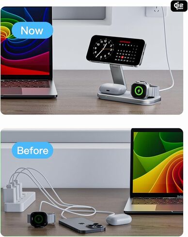 محطة شحن لاسلكية 3 في 1 لأجهزة Apple، حامل شاحن سريع مغناطيسي قابل للطي متوافق مع MagSafe لسلسلة iPhone Air/17/16/15/14/13/12، وساعة Apple وAirPods Pro/4/3/2 in Kuwait