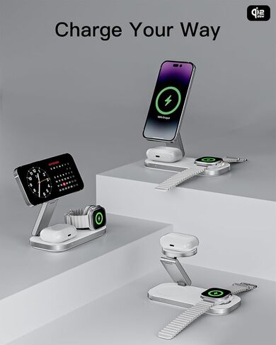 محطة شحن لاسلكية 3 في 1 لأجهزة Apple، حامل شاحن سريع مغناطيسي قابل للطي متوافق مع MagSafe لسلسلة iPhone Air/17/16/15/14/13/12، وساعة Apple وAirPods Pro/4/3/2 in Kuwait