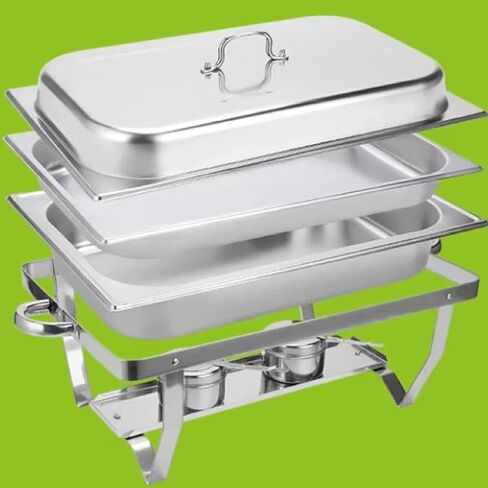 طبق ساخن للبوفيه من الفولاذ المقاوم للصدأ - يحتوي على صينية تسخين من الفولاذ المقاوم للصدأ، مجموعة بوفيه وعاء ساخن، سخان طعام مع غطاء من الفولاذ الصلب وحامل لتقديم الطعام في حفلات الزفاف (حجرة واحدة/ج) in Kuwait