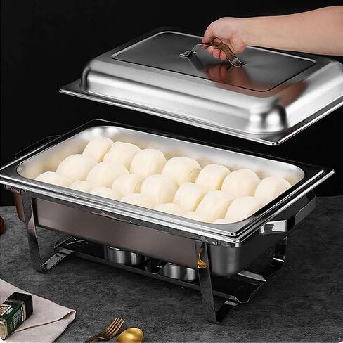 طبق ساخن للبوفيه من الفولاذ المقاوم للصدأ - يحتوي على صينية تسخين من الفولاذ المقاوم للصدأ، مجموعة بوفيه وعاء ساخن، سخان طعام مع غطاء من الفولاذ الصلب وحامل لتقديم الطعام في حفلات الزفاف (حجرة واحدة/ج) in Kuwait