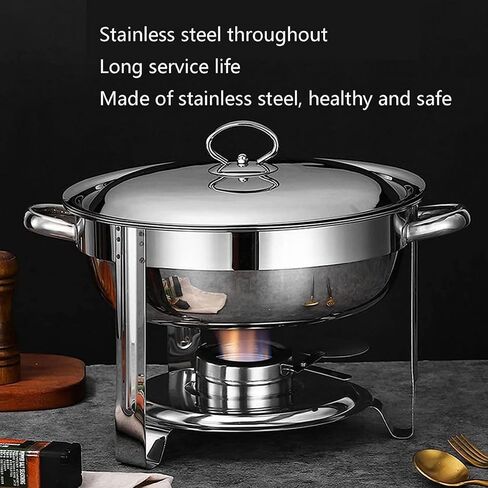 طبق ساخن للبوفيه من الفولاذ المقاوم للصدأ - يحتوي على صينية تسخين من الفولاذ المقاوم للصدأ، ومجموعة بوفيه وعاء ساخن، سخان طعام مع غطاء من الفولاذ الصلب وحامل لتقديم الطعام في حفلات الزفاف (دائري/ب) in Kuwait