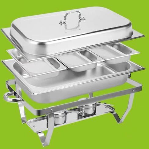 طبق ساخن للبوفيه من الفولاذ المقاوم للصدأ - يحتوي على صينية تسخين من الفولاذ المقاوم للصدأ، مجموعة بوفيه وعاء ساخن، سخان طعام مع غطاء من الفولاذ الصلب وحامل لتقديم الطعام في حفلات الزفاف (ثلاثي/ج) in Kuwait