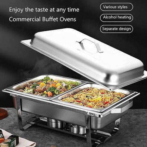 طبق ساخن للبوفيه من الفولاذ المقاوم للصدأ - يحتوي على صينية تسخين من الفولاذ المقاوم للصدأ، مجموعة بوفيه وعاء ساخن، سخان طعام مع غطاء من الفولاذ الصلب وحامل لتقديم الطعام في حفلات الزفاف (ثلاثي/ج) in Kuwait