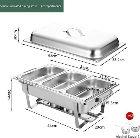 طبق ساخن للبوفيه من الفولاذ المقاوم للصدأ - يحتوي على صينية تسخين من الفولاذ المقاوم للصدأ، مجموعة بوفيه وعاء ساخن، سخان طعام مع غطاء من الفولاذ الصلب وحامل لتقديم الطعام في حفلات الزفاف (ثلاثي/ج) in Kuwait