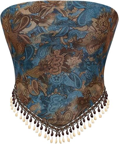 GORGLITTER Women's Fringe Tube Tops Strapless Boho Paisley Print Asymmetrical Bandeau Crop Top in Saudi Arabia