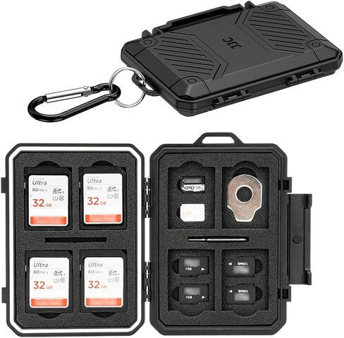 JJC Slim Memory Card Case for 8 SD 12 TF and 2 Nano SIM Cards, IP67 Waterproof Anti-Shock Anti-Dust, Compact Size & Portable SD SDHC SDXC TF Micro SD Card Holder Organizer Storage Box with Carabiner in Saudi Arabia