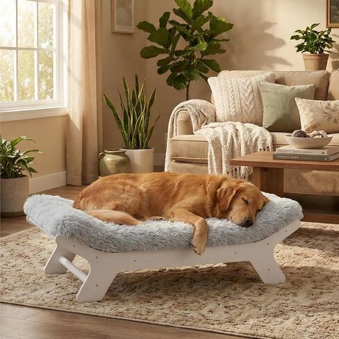 Muihood Elevated Dog Bed Wooden Frame and Mattress with Removable Washable Cover, Orthopedic Egg Crate Foam, Suitable for Pet Up to 50 lbs, White M in Saudi Arabia