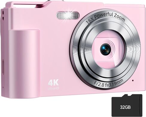 كاميرا رقمية، كاميرا رقمية FHD 4K للنقطة والتقاط مع تكبير 16X مضادة للاهتزاز، كاميرا صغيرة مدمجة بدقة 48 ميجابكسل مع بطاقة 32 جيجابايت للمراهقين والبنات والأطفال in Kuwait