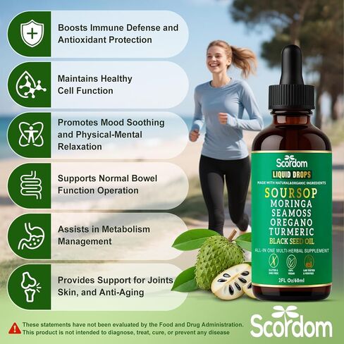 Soursop Bitters Liquid Drops 10-in-1 with Sea Moss, Turmeric, Moringa, Black Seed Oil, Oregano, Ashwagandha & Herbal Extracts - Supports Overall Wellness, Vegan, 60mL/2 Fl Oz in Saudi Arabia