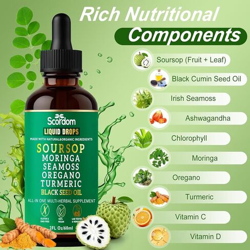 Soursop Bitters Liquid Drops 10-in-1 with Sea Moss, Turmeric, Moringa, Black Seed Oil, Oregano, Ashwagandha & Herbal Extracts - Supports Overall Wellness, Vegan, 60mL/2 Fl Oz in Saudi Arabia
