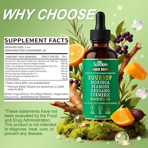 Soursop Bitters Liquid Drops 10-in-1 with Sea Moss, Turmeric, Moringa, Black Seed Oil, Oregano, Ashwagandha & Herbal Extracts - Supports Overall Wellness, Vegan, 60mL/2 Fl Oz in Saudi Arabia
