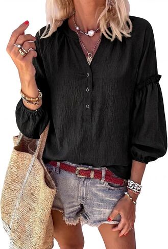 Womens V Neck Button Down Tops Puff Long Sleeve Tunic Blouse Dressy Loose Fit Basic T Shirt Business Casual Work Tops in Kuwait