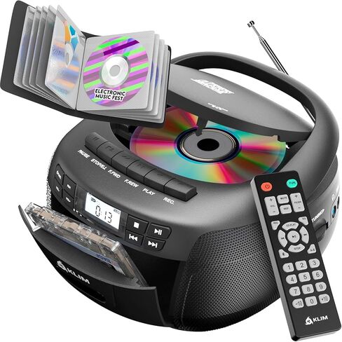 مشغل أقراص مضغوطة ومشغل أشرطة كاسيت من KLIM، صندوق Boombox بلوتوث، راديو AM/FM، صوت ستيريو، جهاز تحكم عن بعد، مجموعة أقراص CD وكاسيت، تسجيل الشريط، محرك USB، AUX، يعمل بتيار متردد/تيار مستمر - أبيض in Kuwait
