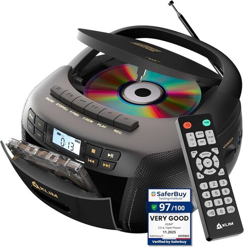 مشغل أقراص مضغوطة ومشغل أشرطة كاسيت من KLIM، صندوق Boombox بلوتوث، راديو AM/FM، صوت ستيريو، جهاز تحكم عن بعد، مجموعة أقراص CD وكاسيت، تسجيل الشريط، محرك USB، AUX، يعمل بتيار متردد/تيار مستمر - أبيض in Kuwait