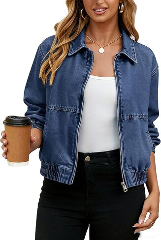 Yeokou Womens Oversized Jean Jacket Zip Up Long Sleeve Casual Denim Coats with Pockets in Saudi Arabia