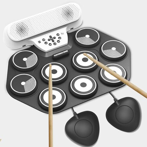 مجموعة طبول كهربائية مكونة من 9 وسادات للأطفال والمبتدئين - طبلة إلكترونية محمولة قابلة للطي مع وسادات سميكة بسمك 0.4 بوصة، بطارية قابلة للشحن لمدة 10 ساعات، مقبس سماعة الرأس - تدعم ألعاب DTX (تتضمن العصي والدواسات) in Kuwait