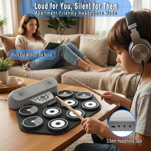 مجموعة طبول كهربائية مكونة من 9 وسادات للأطفال والمبتدئين - طبلة إلكترونية محمولة قابلة للطي مع وسادات سميكة بسمك 0.4 بوصة، بطارية قابلة للشحن لمدة 10 ساعات، مقبس سماعة الرأس - تدعم ألعاب DTX (تتضمن العصي والدواسات) in Kuwait