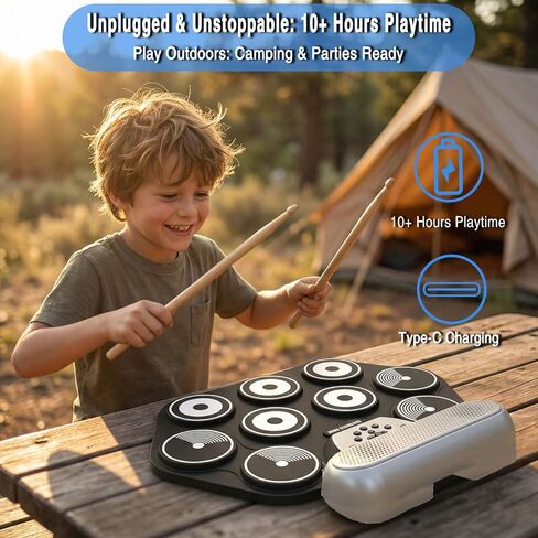 مجموعة طبول كهربائية مكونة من 9 وسادات للأطفال والمبتدئين - طبلة إلكترونية محمولة قابلة للطي مع وسادات سميكة بسمك 0.4 بوصة، بطارية قابلة للشحن لمدة 10 ساعات، مقبس سماعة الرأس - تدعم ألعاب DTX (تتضمن العصي والدواسات) in Kuwait