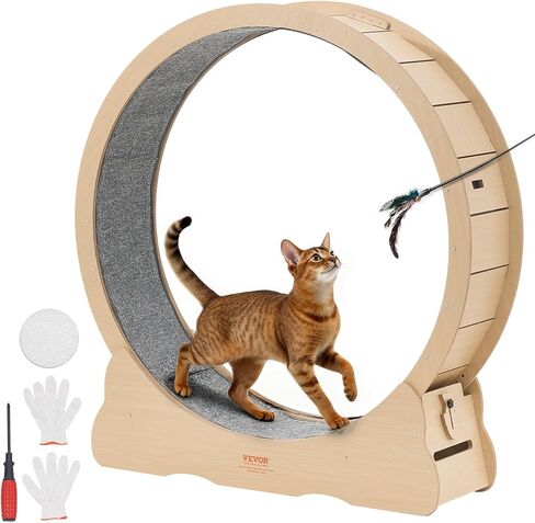 VEVOR Cat Exercise Wheel, 48 in Wooden Cat Running Wheel for Indoor Cats up to 28 lbs, Cats Treadmill with Carpeted Runway & Locking Mechanism, Quiet Kitten Sport Toys for Pets Fitness & Health, Black in Kuwait