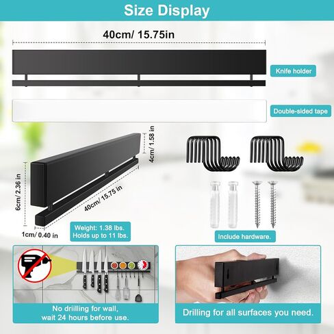 16 Inch Magnetic Knife Holder for Wall with 10 Hooks, No Drilling Magnetic Knife Strip Adhesive Magnet Bar, Wall Mount Knives Block Utensil Holder Stainless Steel Tool Rack for RV Kitchen Organization in Saudi Arabia