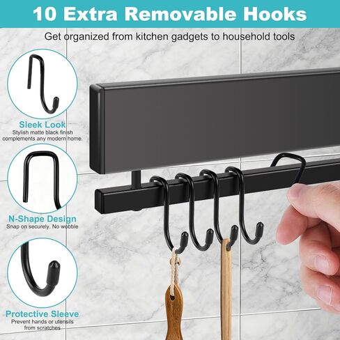 16 Inch Magnetic Knife Holder for Wall with 10 Hooks, No Drilling Magnetic Knife Strip Adhesive Magnet Bar, Wall Mount Knives Block Utensil Holder Stainless Steel Tool Rack for RV Kitchen Organization in Saudi Arabia