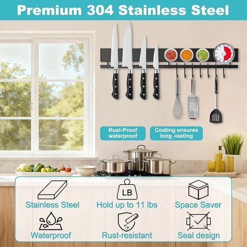 16 Inch Magnetic Knife Holder for Wall with 10 Hooks, No Drilling Magnetic Knife Strip Adhesive Magnet Bar, Wall Mount Knives Block Utensil Holder Stainless Steel Tool Rack for RV Kitchen Organization in Saudi Arabia