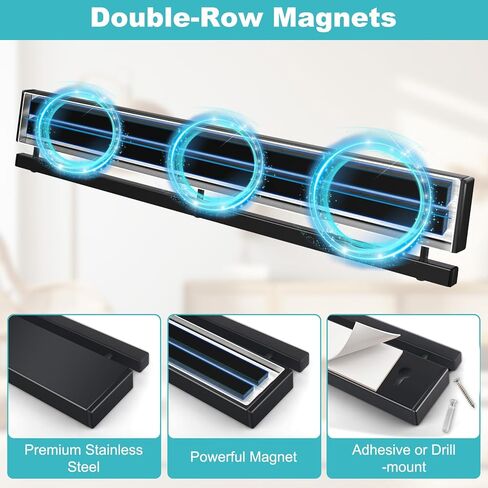 16 Inch Magnetic Knife Holder for Wall with 10 Hooks, No Drilling Magnetic Knife Strip Adhesive Magnet Bar, Wall Mount Knives Block Utensil Holder Stainless Steel Tool Rack for RV Kitchen Organization in Saudi Arabia
