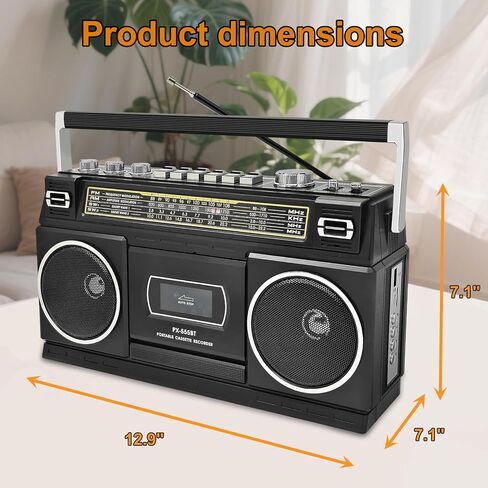 مشغل كاسيت بومبوكس مع بلوتوث، راديو AM/FM/SW وتسجيل إلى USB، صوت ستيريو 24 وات، 4 أوضاع للطاقة، ستيريو ريترو محمول للأماكن الداخلية والخارجية، أسود كلاسيكي in Saudi Arabia