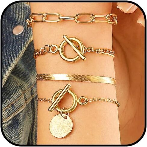 مجموعة أساور مشبك ورق قابلة للتكديس من 4 قطع للنساء، أساور عملات معدنية سوداء قوطية مزدوجة بمشبك OT أساور عتيقة من سلسلة كوبا مجوهرات يدوية in Kuwait