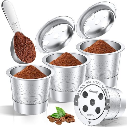 أكواب كابميسو K قابلة لإعادة الاستخدام لـ Keurig: 4 كبسولات قهوة من الفولاذ المقاوم للصدأ ومرشحات قهوة معدنية بخمس فتحات لـ Keurig K Supreme/K Slim/K-Brew Chill/K-Duo Gen 2 مع تقنية متعددة الدفق، بدون BPA، متينة in Kuwait