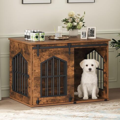 Dog Crate Furniture, 31.5" Farmhouse Dog Kennel with Sliding Barn Door, Wooden Dog Cage for Small Medium Dogs, Decorative Pet House Side End Table, Chew-Resistant, White and Walnut DCBA9601 in Kuwait