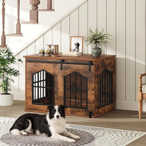 Dog Crate Furniture, 31.5" Farmhouse Dog Kennel with Sliding Barn Door, Wooden Dog Cage for Small Medium Dogs, Decorative Pet House Side End Table, Chew-Resistant, White and Walnut DCBA9601 in Kuwait