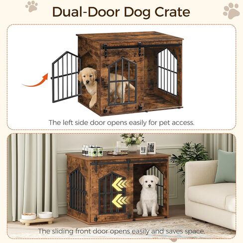 Dog Crate Furniture, 31.5" Farmhouse Dog Kennel with Sliding Barn Door, Wooden Dog Cage for Small Medium Dogs, Decorative Pet House Side End Table, Chew-Resistant, White and Walnut DCBA9601 in Kuwait