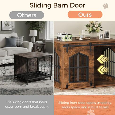 Dog Crate Furniture, 31.5" Farmhouse Dog Kennel with Sliding Barn Door, Wooden Dog Cage for Small Medium Dogs, Decorative Pet House Side End Table, Chew-Resistant, White and Walnut DCBA9601 in Kuwait