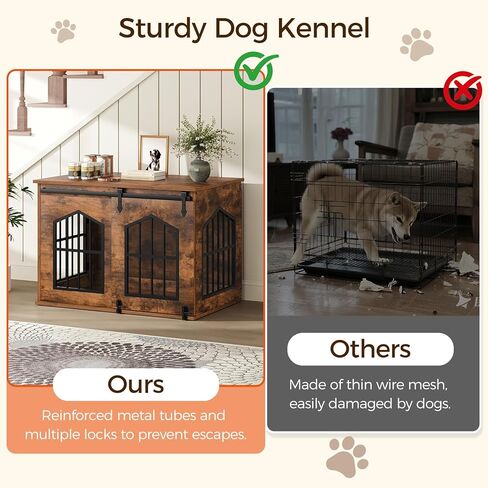 Dog Crate Furniture, 31.5" Farmhouse Dog Kennel with Sliding Barn Door, Wooden Dog Cage for Small Medium Dogs, Decorative Pet House Side End Table, Chew-Resistant, White and Walnut DCBA9601 in Kuwait