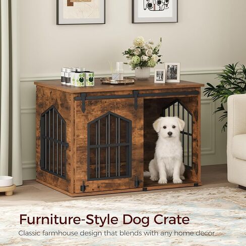 Dog Crate Furniture, 31.5" Farmhouse Dog Kennel with Sliding Barn Door, Wooden Dog Cage for Small Medium Dogs, Decorative Pet House Side End Table, Chew-Resistant, White and Walnut DCBA9601 in Kuwait